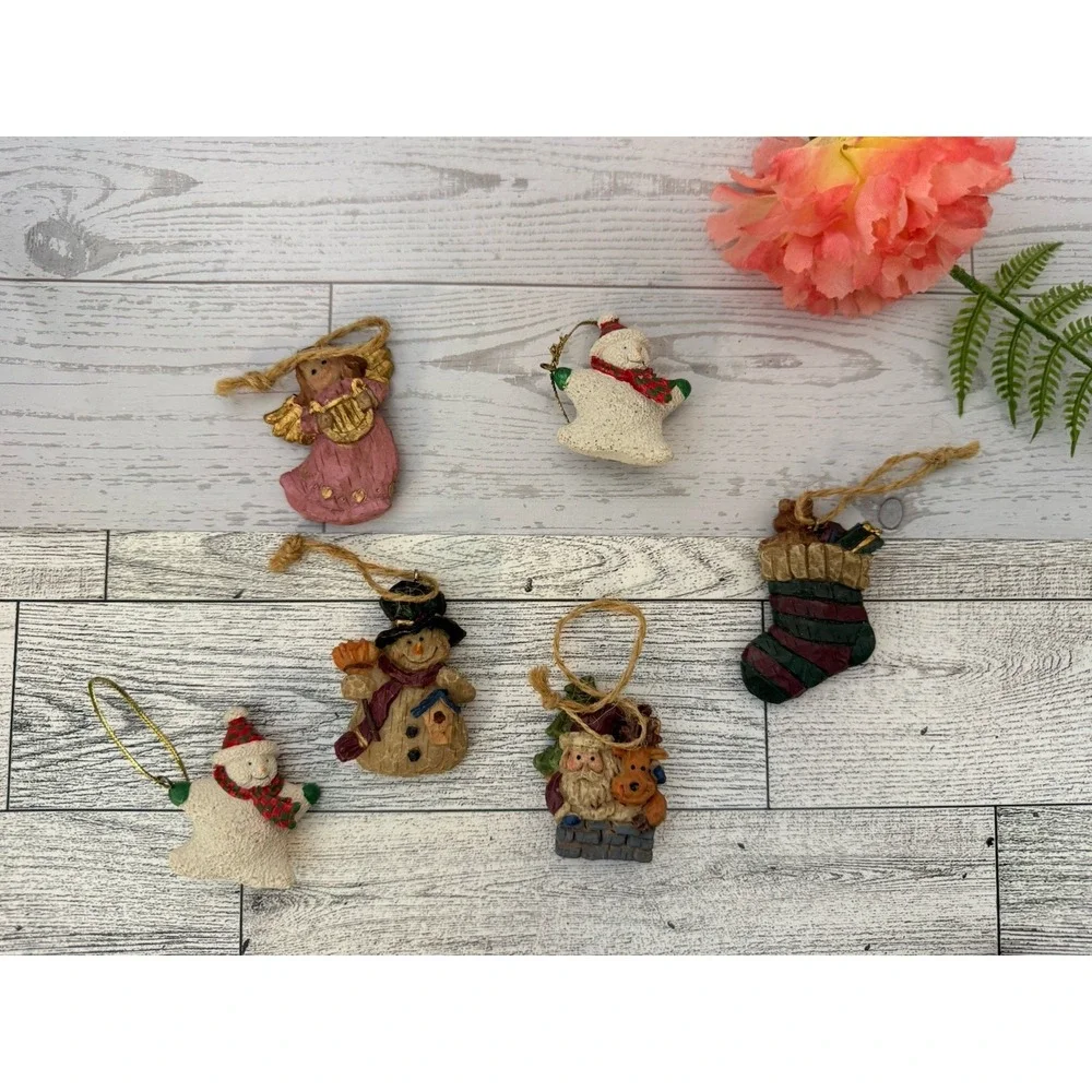 Vintage Y2K Primitive Country Ornaments Set Of 6 Angel Snowman Stocking Santa 2
